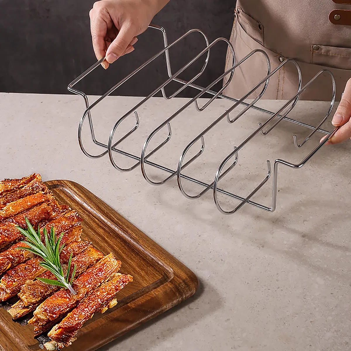 Supporto Bistecche e Costine, Cestello per BBQ Rib Rack, Arrosto e Supporto Costine, Supporto per Arrosto Bistecca, per 5 Costolette di Ricambio Croccanti dalla Griglia e dal Forno