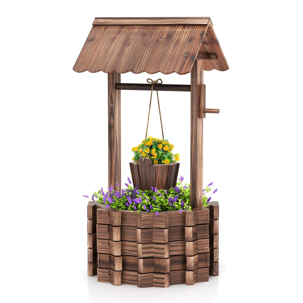 GYMAX Pozzo Decorativo da Giardino, Fioriera in Legno d'Abete con Pozzo, Secchio e Tetto, Resistente alle Intemperie, Effetto Invecchiamento, Decorazione per Prato, Cortile, Giardino, 57 x 57 x 114cm