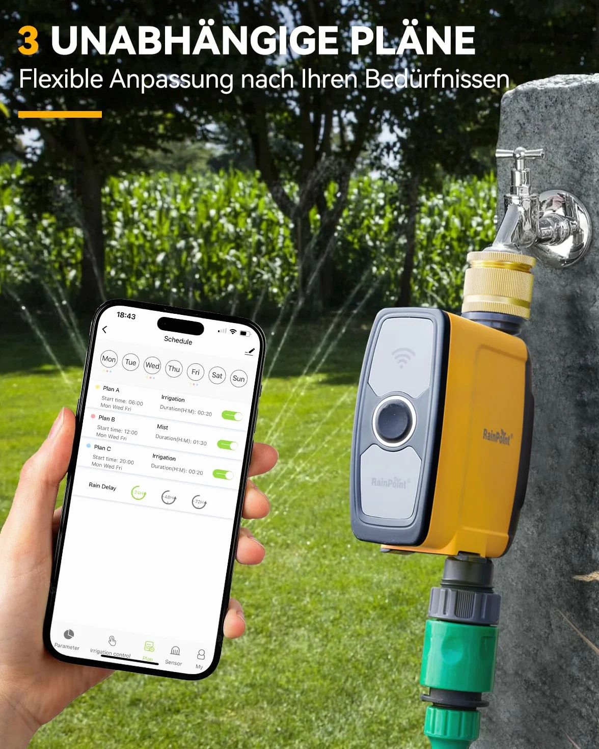 RAINPOINT Centralina Irrigazione WiFi 2.4GHz, Ingresso in Ottone, Computer Irrigazione Automatica con App/Controllo Vocale, Irrigazione Basata Sull'umidità del Terreno/Meteo