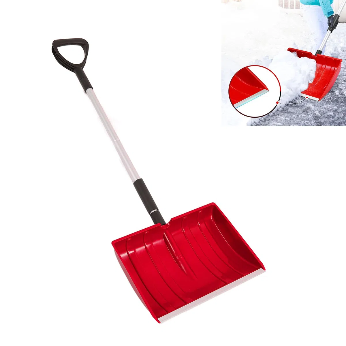 Pala da neve per auto di emergenza da giardino, lunghezza regolabile 120 cm, con impugnatura a D, manico staccabile per rimozione della neve e altre attività di emergenza all'aperto (rosso)
