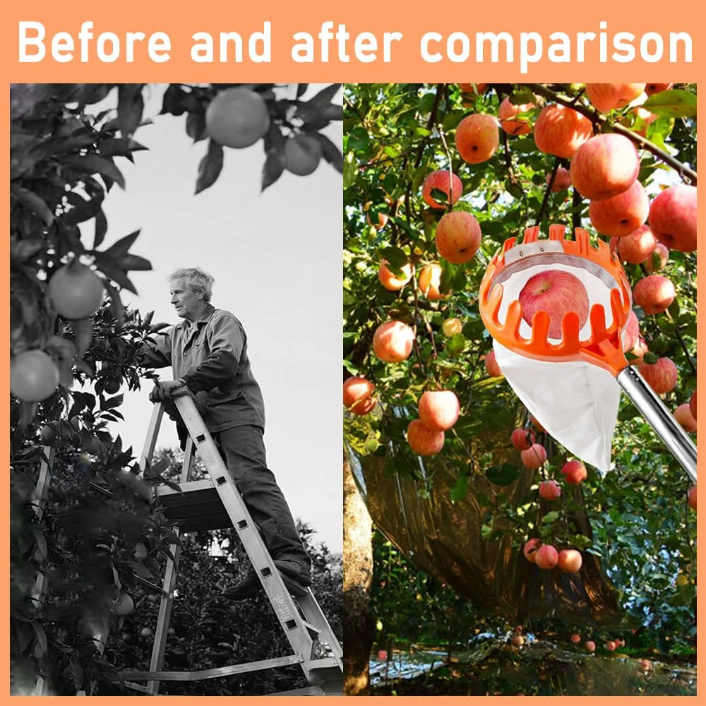 MANGLI 4,2 m raccogli frutta, raccogli mele, con manico telescopico, raccogli ciliegie in acciaio inox e sacchetto di cotone, raccogli frutta per ciliegie, pere, agrumi, pesche