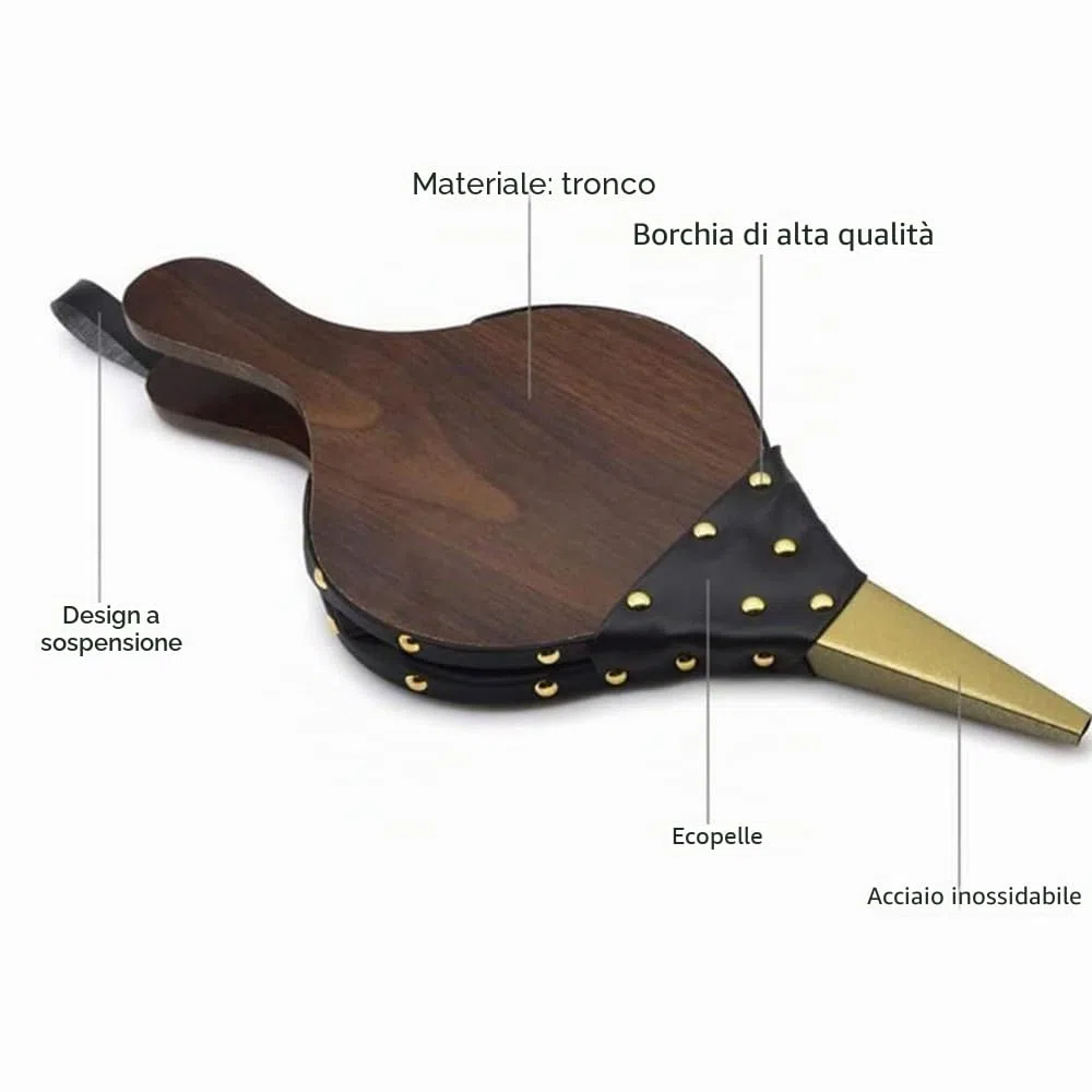Soffietto a chiodi dorati, soffiatore d'aria in legno, soffietto in plastica, caminetto e barbecue, per barbecue, per esterni, 43 x 19 cm