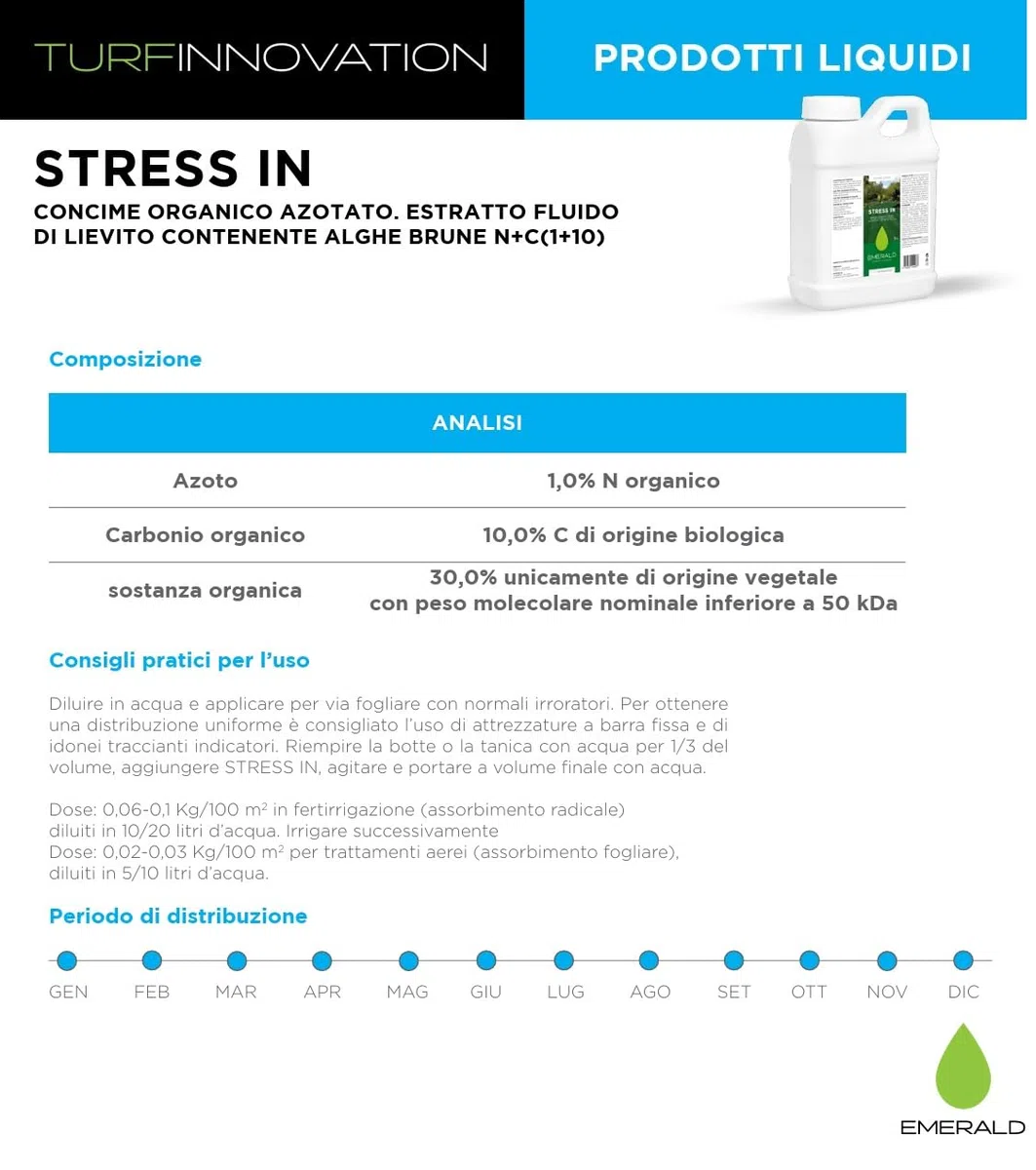 EMERALD STRESS IN, Concime Organico Liquido con Alghe Brune, Biostimolante Naturale, Estratto Fluido di Lievito, Nutrizione e Stimolo della Crescita per Piante e Tappeti Erbosi (1 Kg)