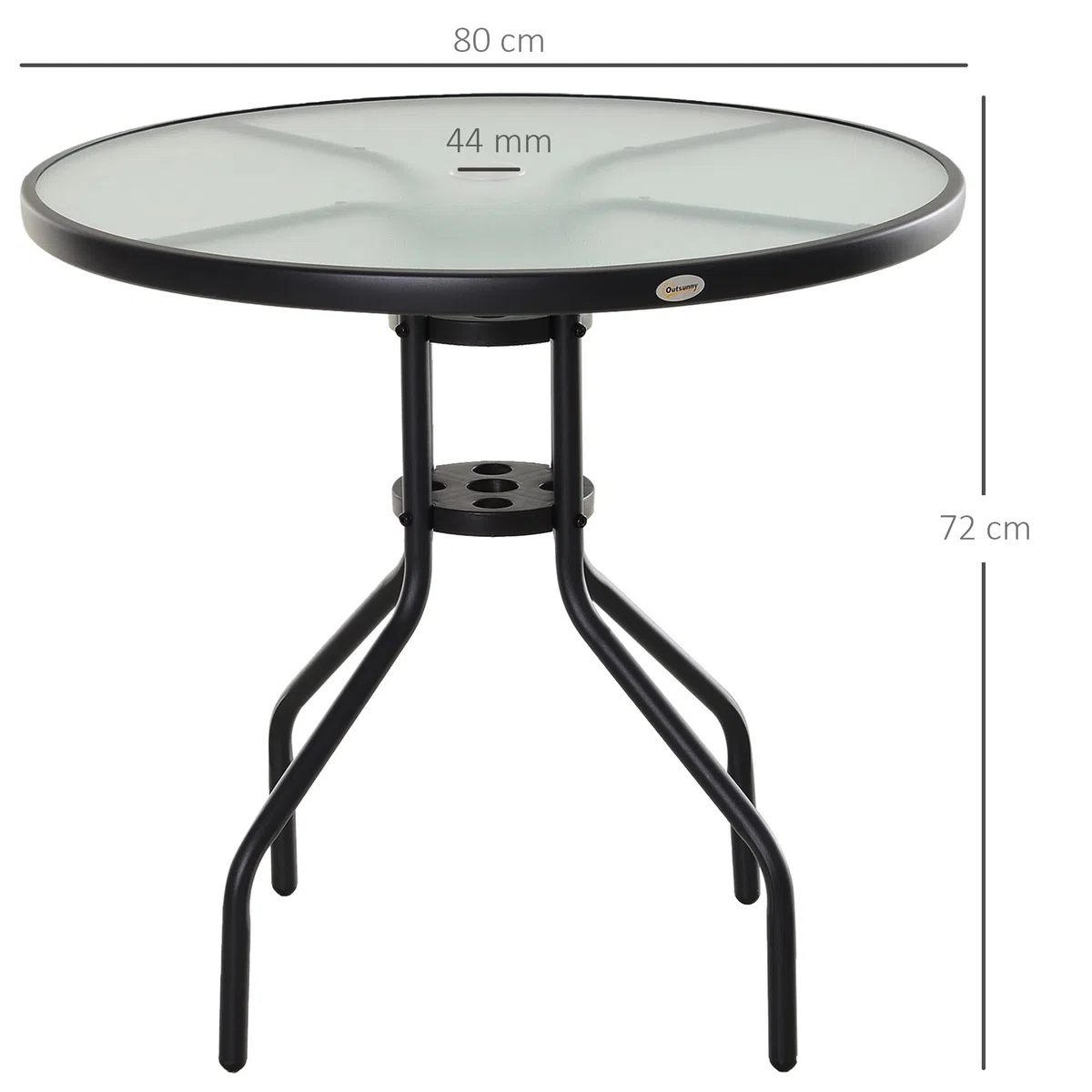 Outsunny Tavolino da Giardino con Piano in Vetro Temperato e Foro per Ombrellone Acciaio Ф80 x 72 cm Nero