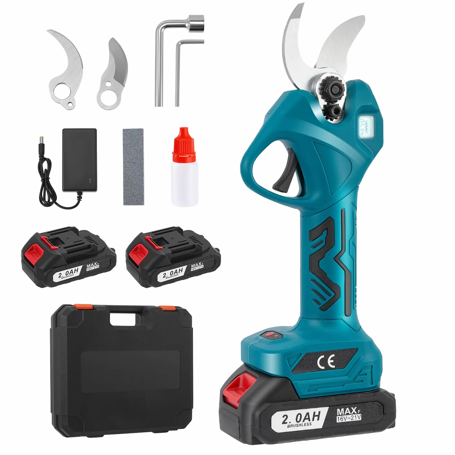 Troncarami a batteria, diametro di taglio 30 mm, cesoie elettriche da giardino con 2 batterie da 2000 mAh e 1 paio di lame di ricambio, display LCD, forbici da giardino brushless per rami