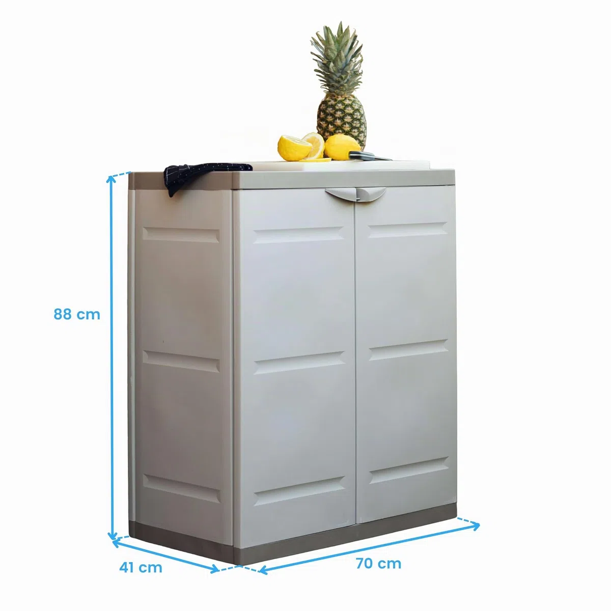 Miroytengo Armadio 2 ante e 2 ripiani interni, armadio basso esterno, armadio in resina titanio beige 70x88x41 cm