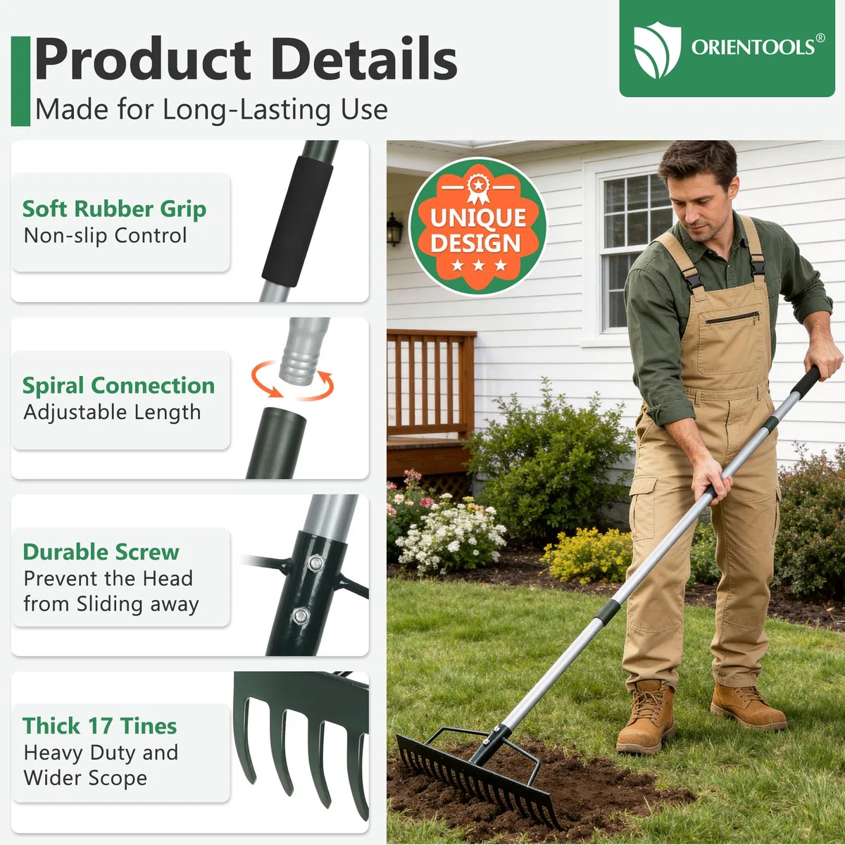 ORIENTOOLS Rastrello da giardino, resistente, 44 cm di larghezza x 160 cm di altezza, verde, 1,7 kg