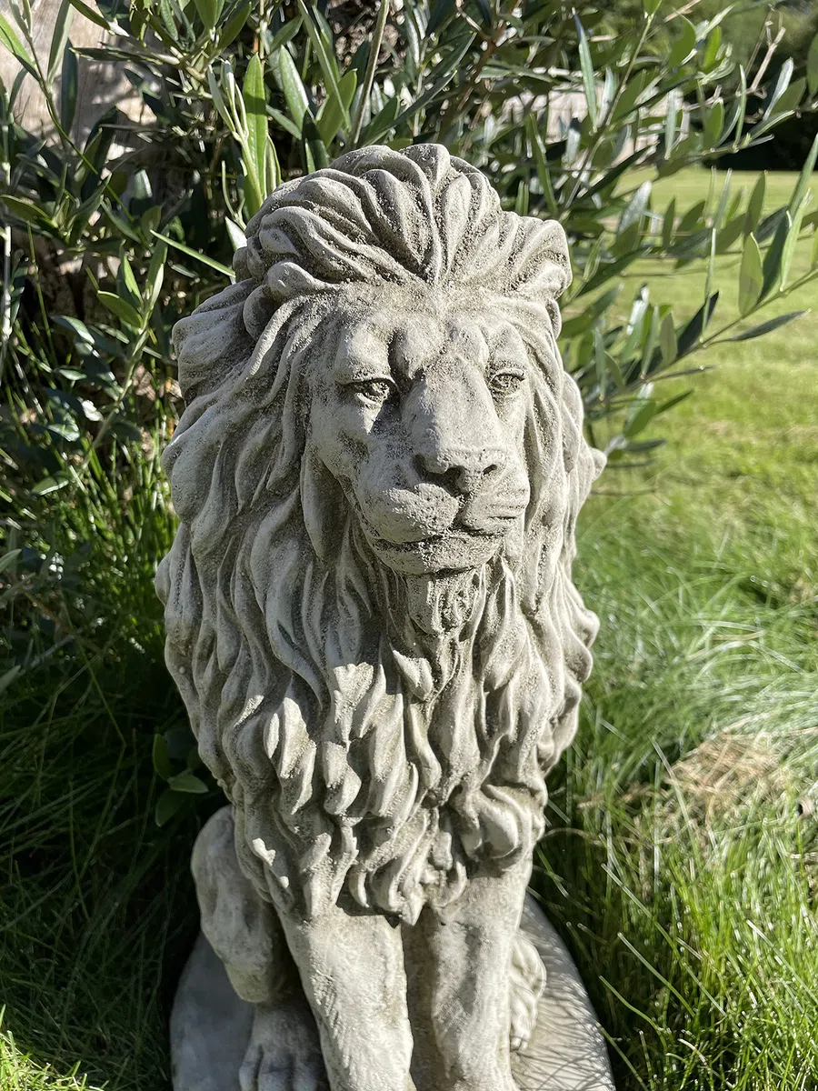 Statua del leone in posizione seduta, ornamento per esterni, da giardino, con l'animale africano in pietra ricostituita