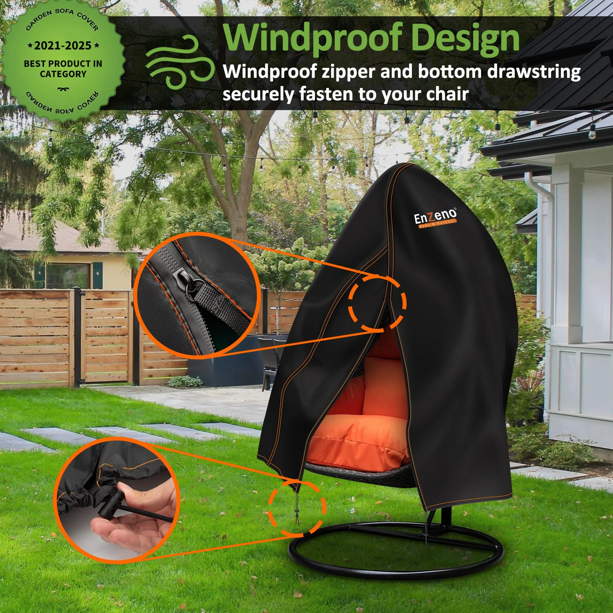 Enzeno Copertura impermeabile per sedia a uovo da esterno, copertura per sedia a dondolo a 2 posti, grande copertura per sedia a uovo da appendere in vimini, per veranda da giardino 210D, copertura