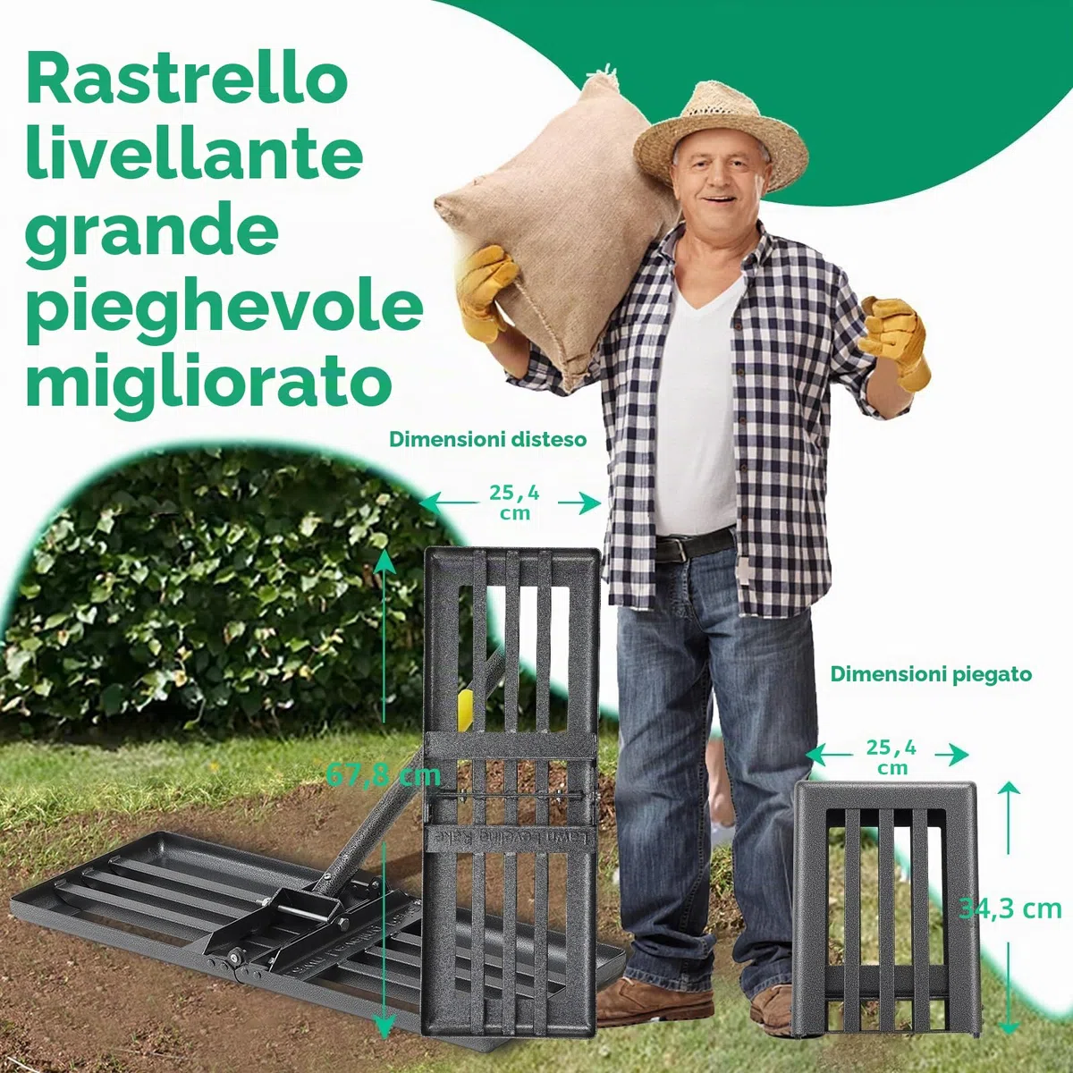 Rastrello per prato per livellamento, in acciaio inox, 157 cm, giardino, cortile