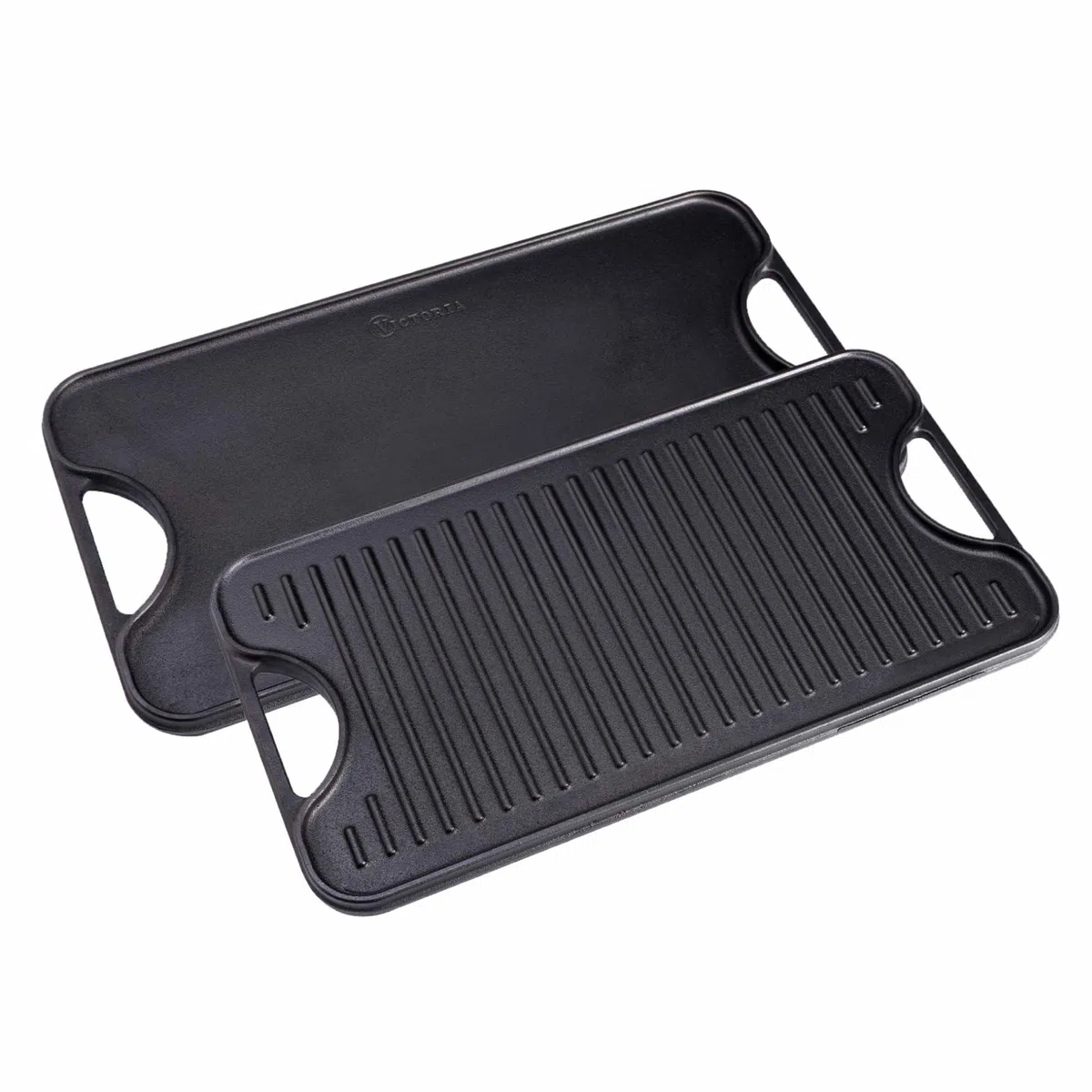 VICTORIA Bistecchiera Ghisa Smaltata, Piastra per Grigliare Reversibile 47 X 25 cm per Fuoco, Barbecue, Forno, Vetroceramica, Gas, Priva di Sostanze Tossiche e senza PTFE