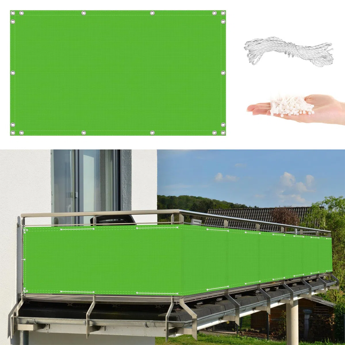Recinzione per balcone, 4 x 4 m, in resina UV, visibile, senza fori, con fascette stringicavo, per ringhiere, colore verde