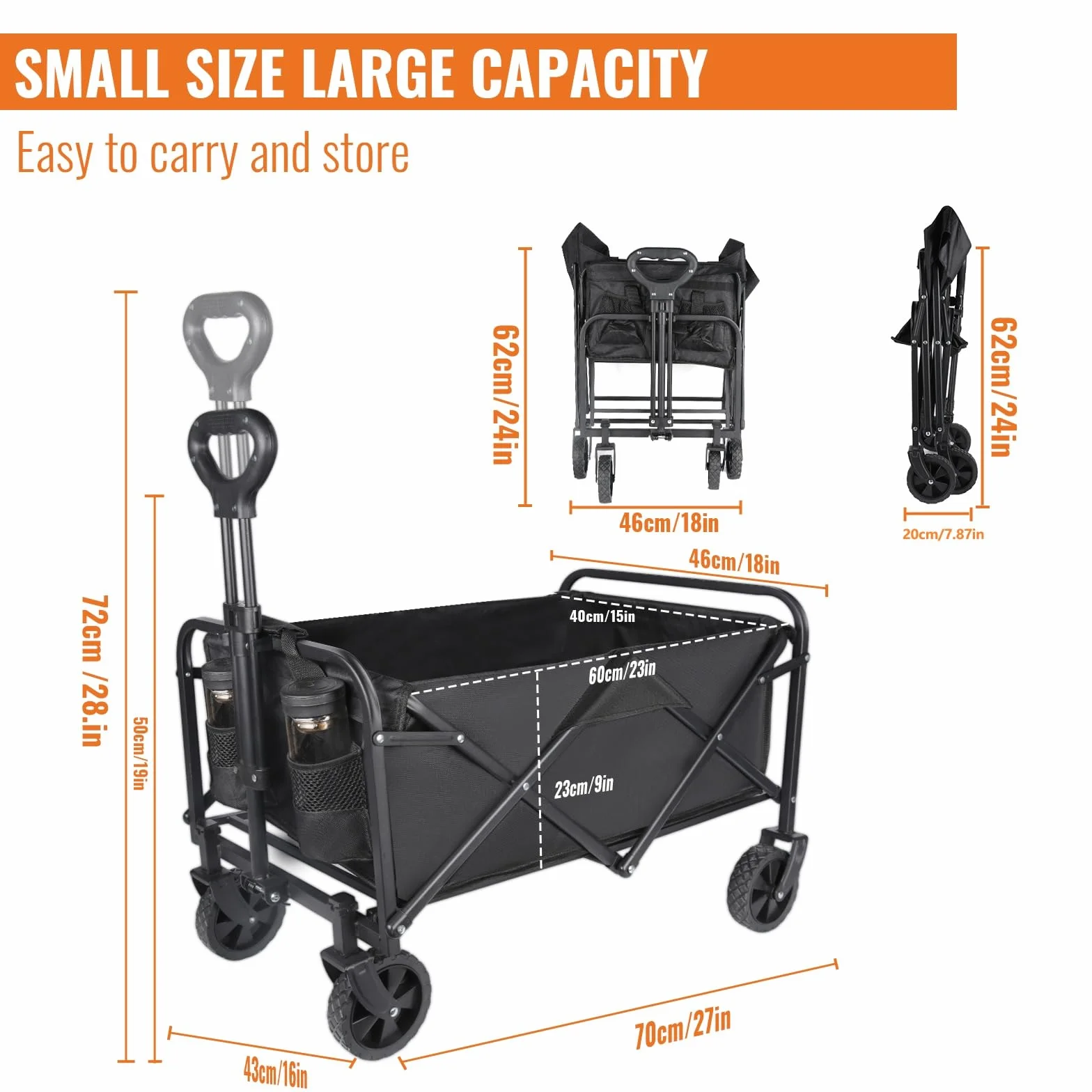 Carrello Pieghevole 120L (120kg di Carico), Carrello Spiaggia con Ruote Grandi 12cm & 360° - 2 Portabevande, Portatutto per Campeggio, Spiaggia & Shopping (Nero)