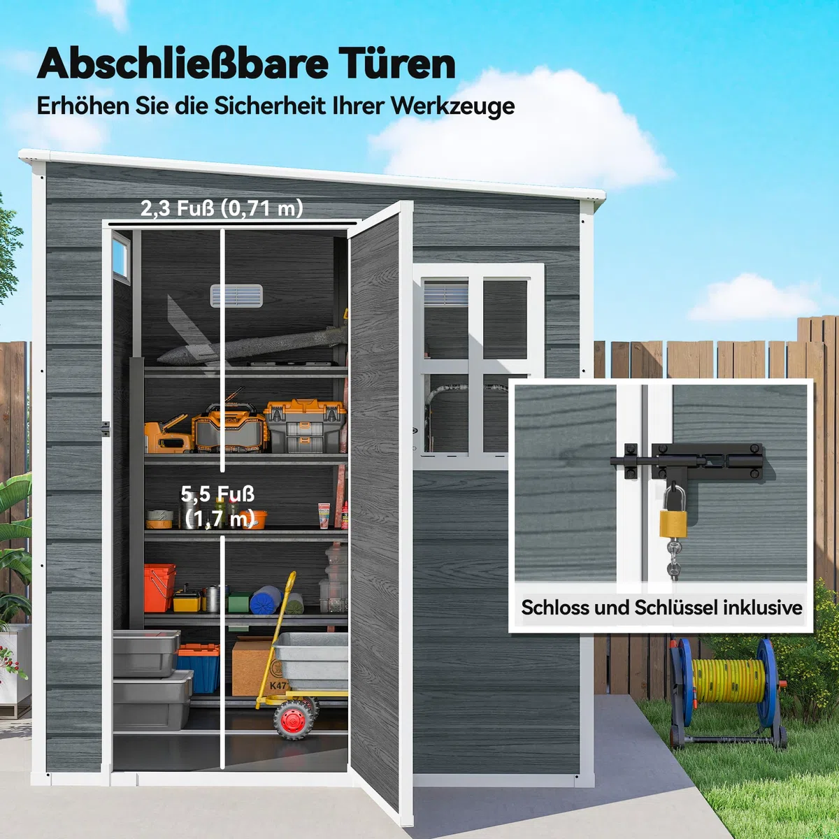 Outsunny Casetta per attrezzi 2,89 m² con effetto legno, 3 finestre 182 x 182 x 196 cm, in plastica, capanno da giardino con ventilazione, guanti di blocco, per attrezzi, bicicletta, grigio