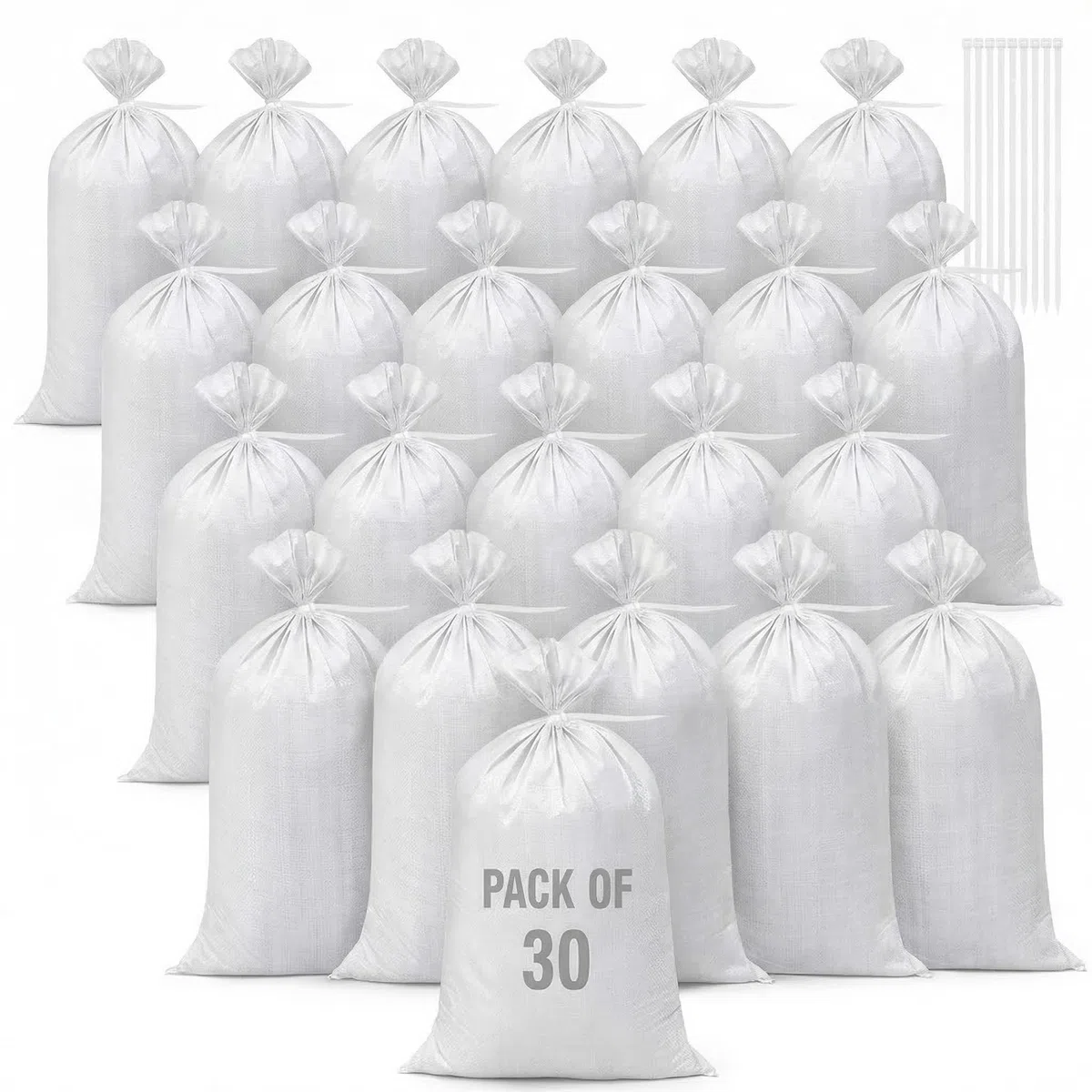 30 Pezzi Sacchi per Sabbia Riutilizzabile Resistente Sacchi in Tessuto per Giardinaggio Sacchi per Raccolta Giardino con 30 Fascette in Nylon per Terra Prato Rifiuti Esterno (Bianco)