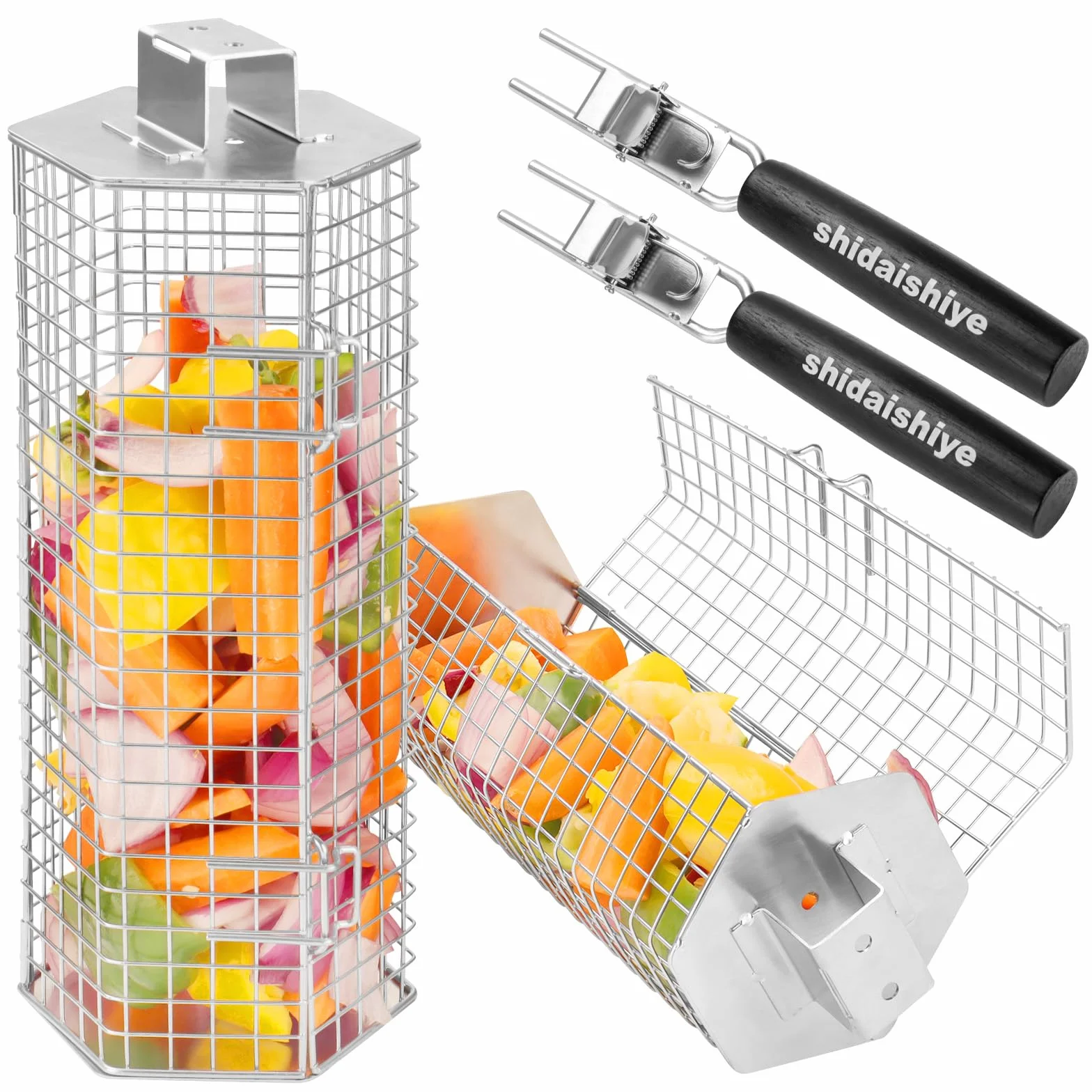 Cestello per Barbecue, Cestello con Manico Rimovibile, Nidificabile,Acciaio Inossidabile 304, Accessori per BBQ per Verdure e Gamberetti, Campeggio all'aperto, Regali per Barbecue per Uomo (2 pezzi)