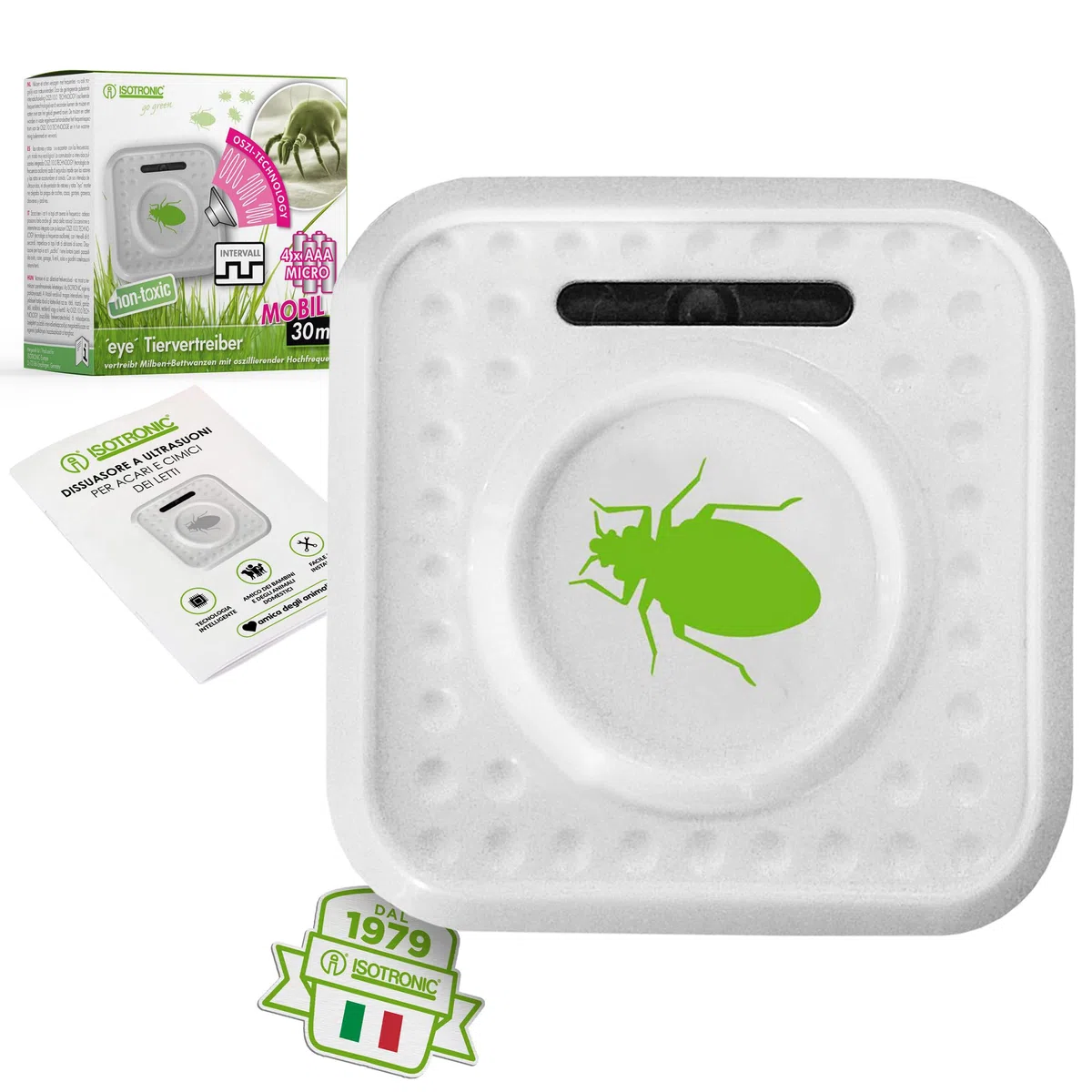 ISOTRONIC repellente acari ultrasuoni cimici letti protezione batteria raggio 30m² 1 unità elimina senza sostanze chimiche efficace interno casa camera materasso difesa anallergico stop parassiti