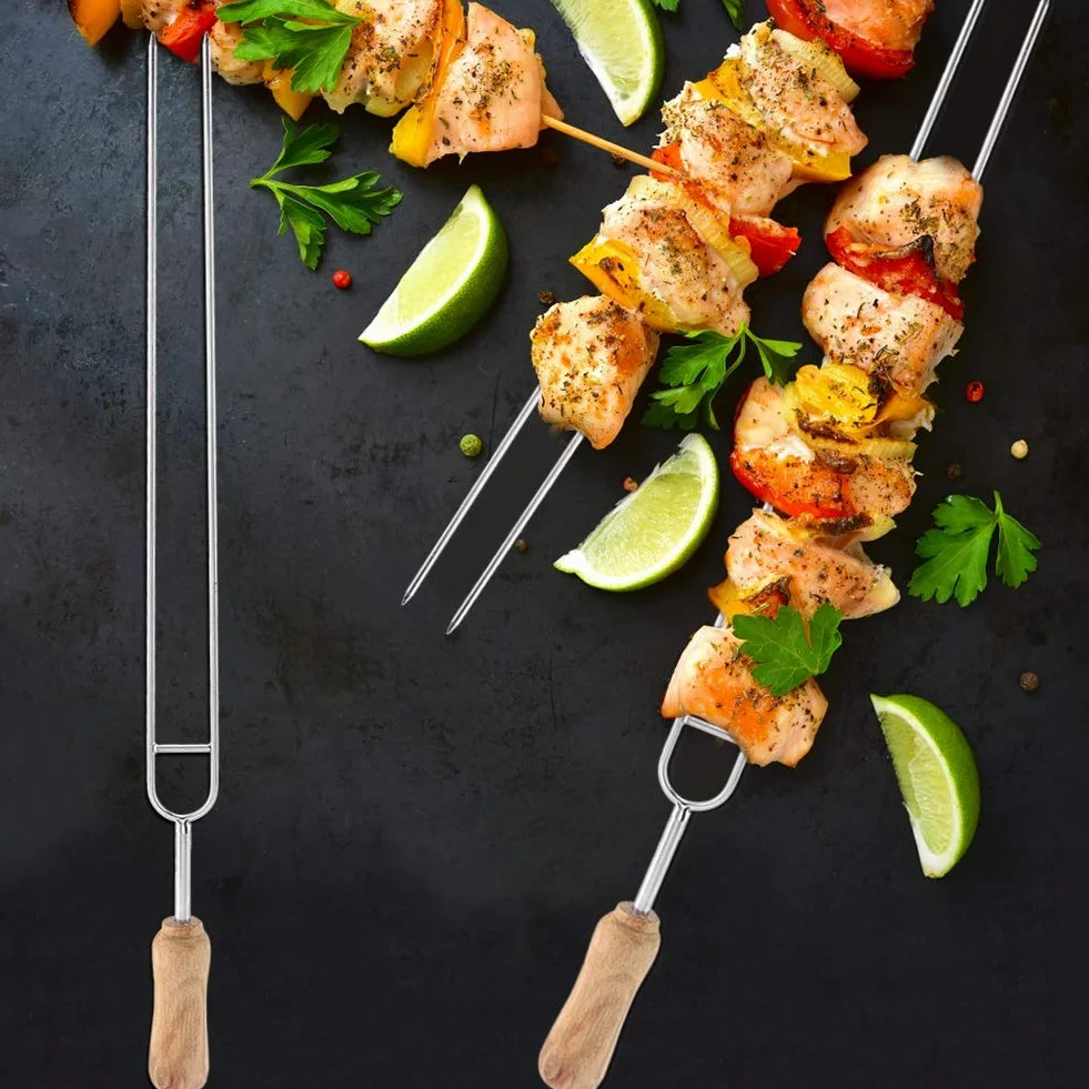 6pcs Fork lungo barbecue, acciaio inox doppio spiedino per barbecue, manico in legno riutilizzabile Spiedi barbecue bastoncini all'aperto per casa 40 cm
