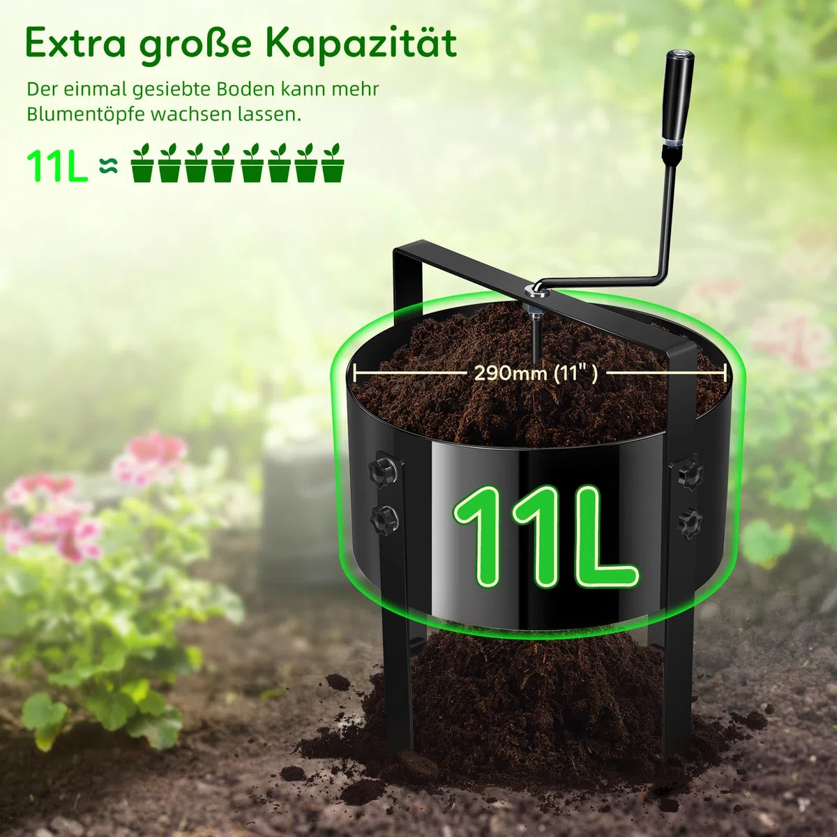 Upgrade - Colino a manovella 5 in 1, in metallo, Ø 30 cm, con 4 setacci (3/6/9/12 mm), efficace filtro per terra, pietre, sabbia, compost, erbacce, filtri intercambiabili per giardinaggio