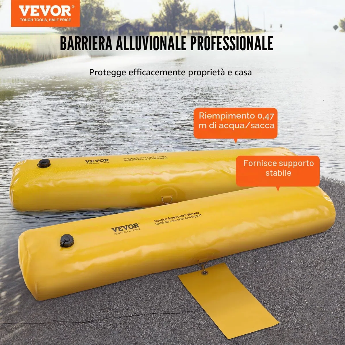 VEVOR Sacco Antiallagamento, 4 Pezzi, Barriera Antiallagamento Alternativa, Portatile e Facile da Usare per Casa, Ingresso, Vialetto 122 x 25 x 17 cm Giallo