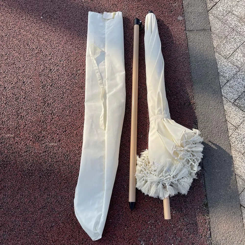 Ombrellone Boho con Frange per Patio Esterno, ombrellone da Spiaggia da 200 cm con inclinazione a Pulsante e palo in Acciaio Resistente, UPF50+, Bianco Antico