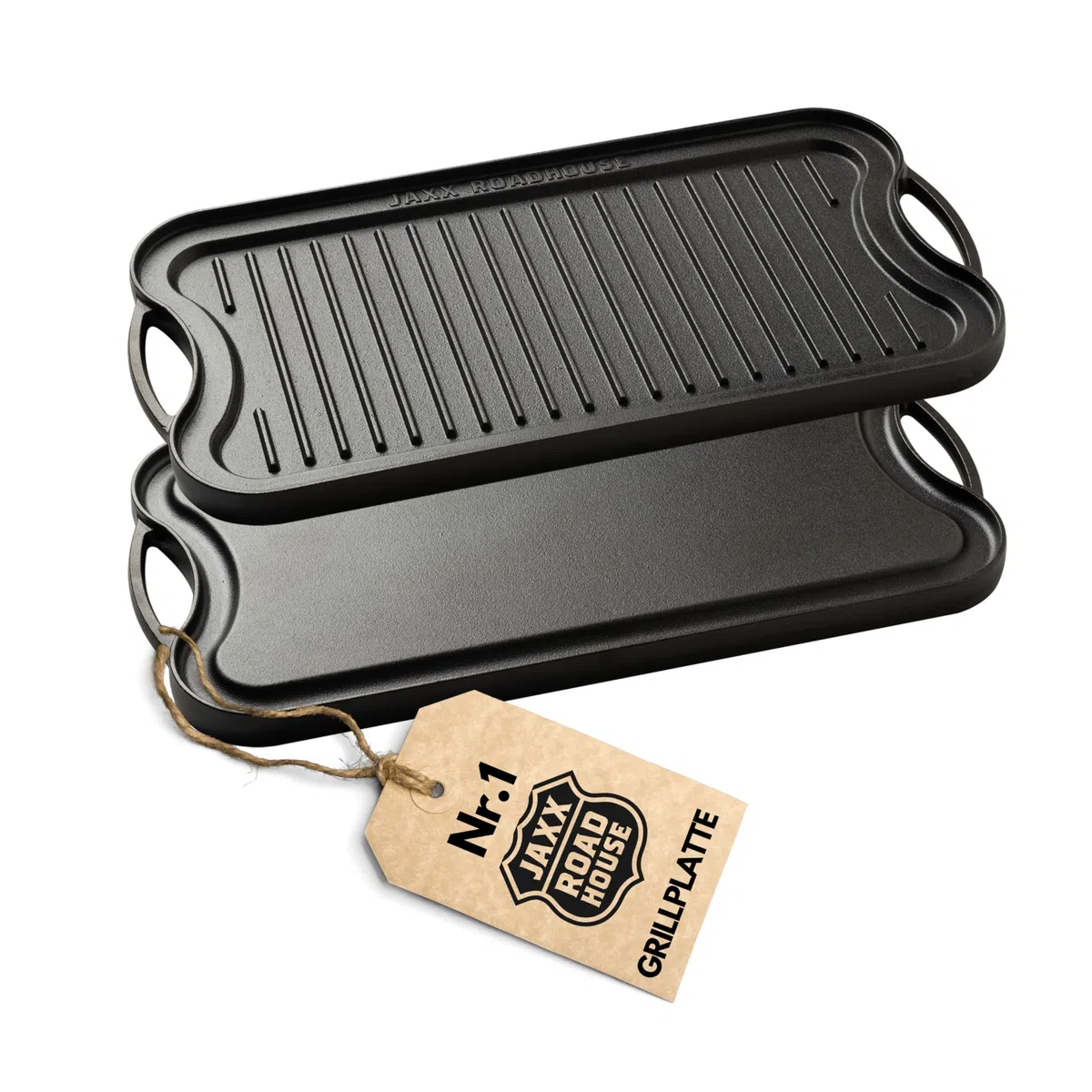 JAXX ROADHOUSE Piastra in ghisa | Piastra in ghisa da posizionare su barbecue a carbone/gas e forno e fornelli | Plancha, Teppanyaki, hamburger, verdure, 50,5 x 26 x 2,5 cm