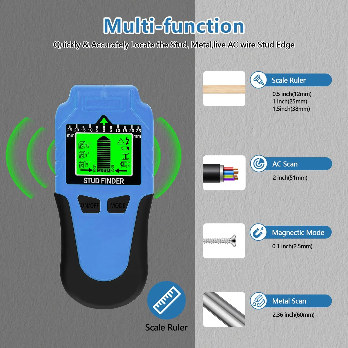 Rilevatore di perni ricaricabile 5 in 1 Stud Finder - Scanner da parete con display LCD e segnale acustico, rilevatore di travi per legno, metallo e cavi elettrici, rilevatore a parete USB per