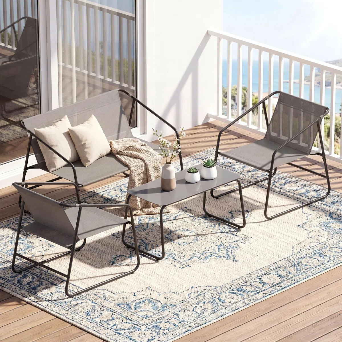 Clevich Set Salotto da Giardino 4 Pezzi in Textilene, Mobili da Esterno con Piedini Regolabili, Resistente agli Agenti Atmosferici, Adatto per Terrazzo, Giardino e Spazi Esterni, Grigio