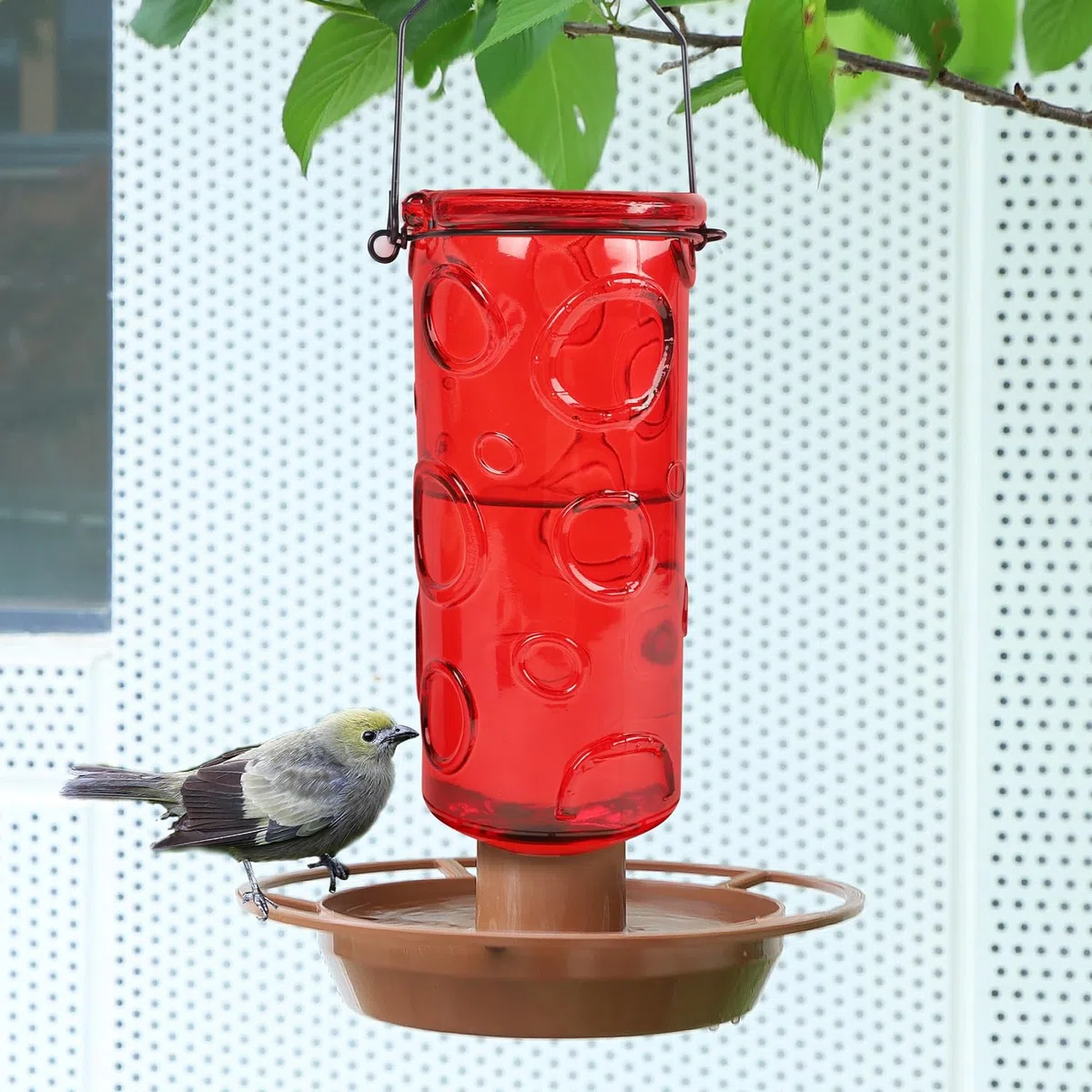 Juegoal Abbeveratoio per uccelli selvatici in vetro, 880 ml, per esterni, refrigeratore d'acqua con manico in metallo da appendere, decorazione esterna per giardino, albero, cortile, rosso