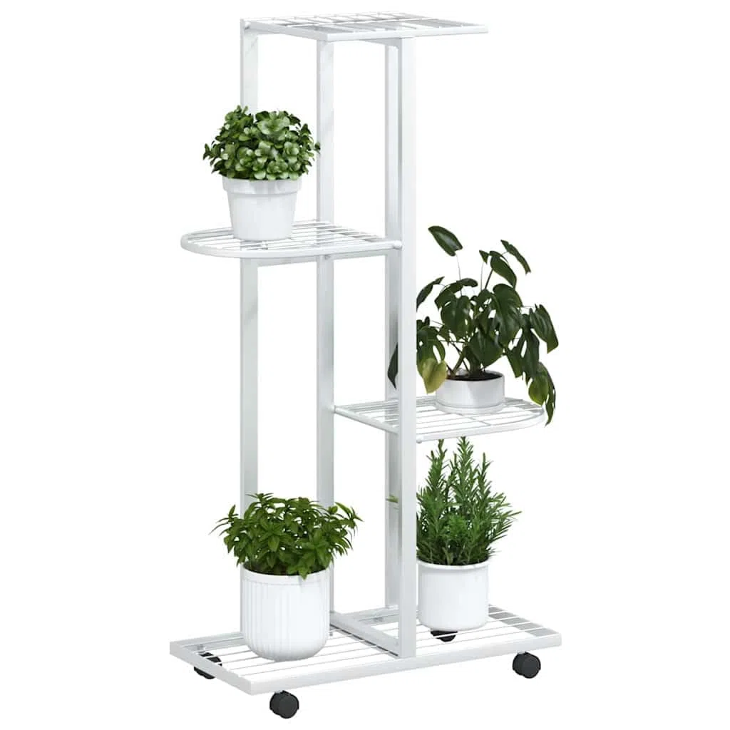 Portafiori a 4 ripiani con ruote, 44 x 23 x 80 cm, in ferro bianco, scaffale per piante per balcone, terrazza, soggiorno, multipiano, per vaso ed erbe aromatiche