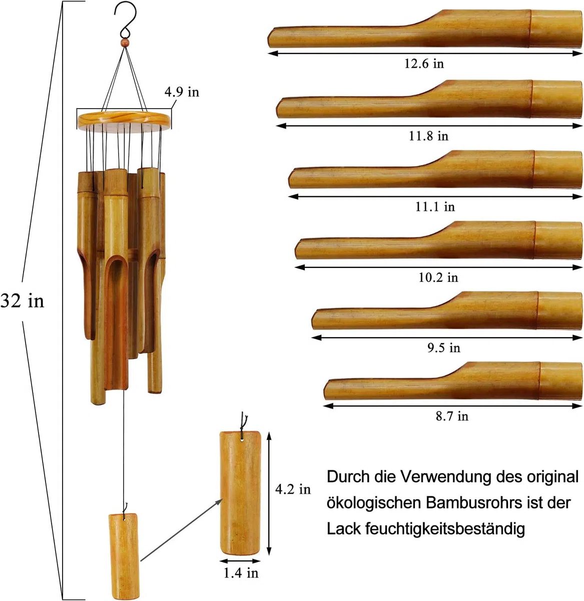 Campanelli a vento in bambù per esterni, campanelli a vento in legno con melodia profonda, 76,2 cm, classico scacciaspiriti da giardino zen per relax, grazia. Decorazione per la casa per patio,