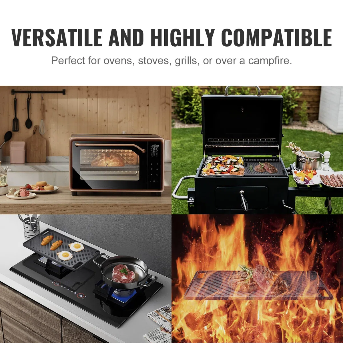 VEVOR Griglia/Piastra Reversibile, Piastra in Ghisa 425x246x16 mm, Piastra Rettangolare Bifacciale Spessore 3,3mm, Piastra Antiaderente per Griglia Cottura, Piastra per Barbecue, Griglia a Gas, Nero