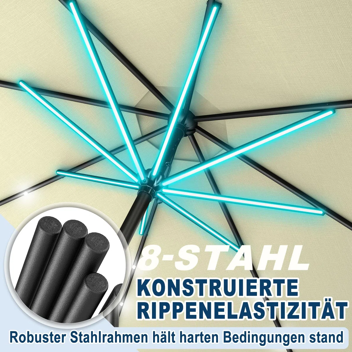Froadp Ø3.5m Ombrellone da Spiaggia Impermeabile, Gli ombrelli Ottagonale con Ø38mm Manico, Ombrellone da Giardino in Poliestere Protezione Solare per Balcone Terrazza Piscina Patio (Beige con LED)