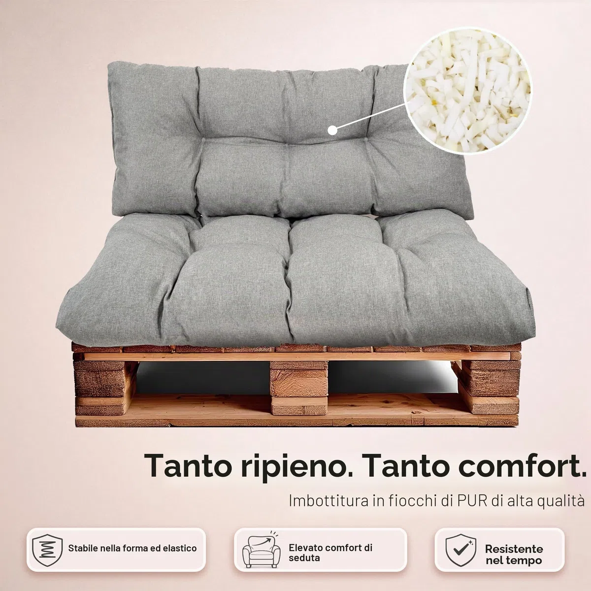 Set di Cuscini per Pallet – Cuscino D’assise per Pallet Europei – Imbottitura con Schiuma Granulare Poulirette – Include Cuscino D’assise 120x80cm + Schienale 120x40cm