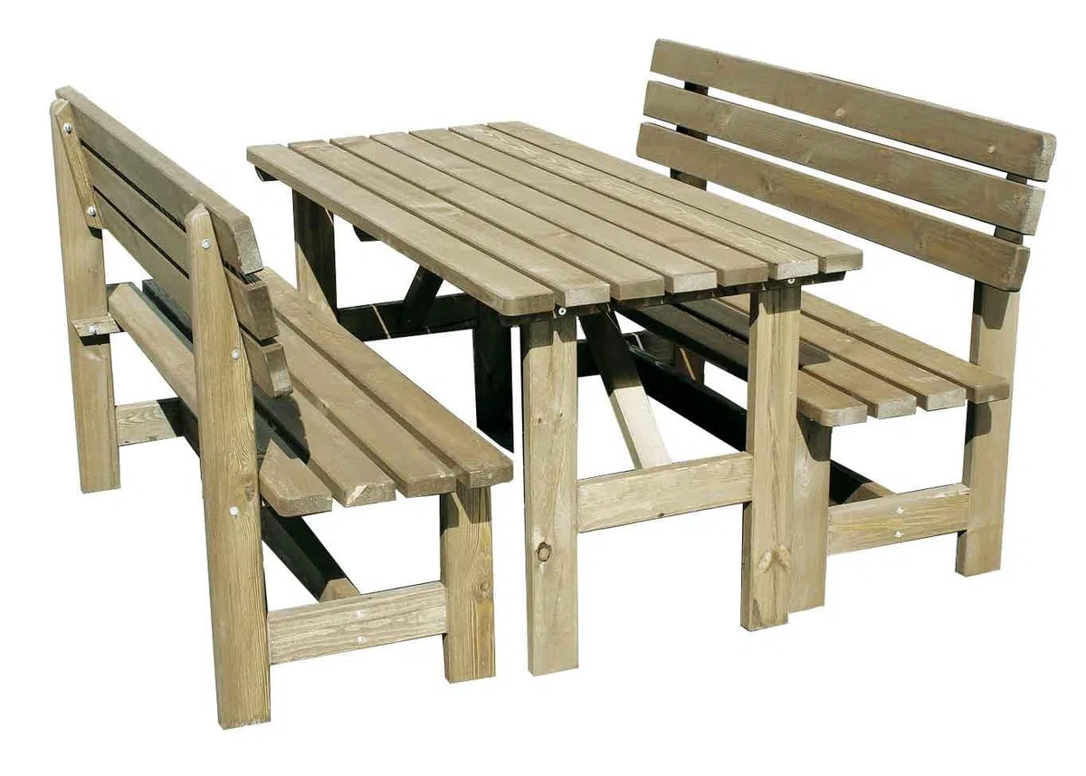 Wien - Set da giardino composto da 2 panche con schienale e 1 tavolo, in legno massiccio trattato con impregnante verde. Dimensioni: tavolo LAP 150x74x70 cm e panca LAP 150x45/90x53 cm