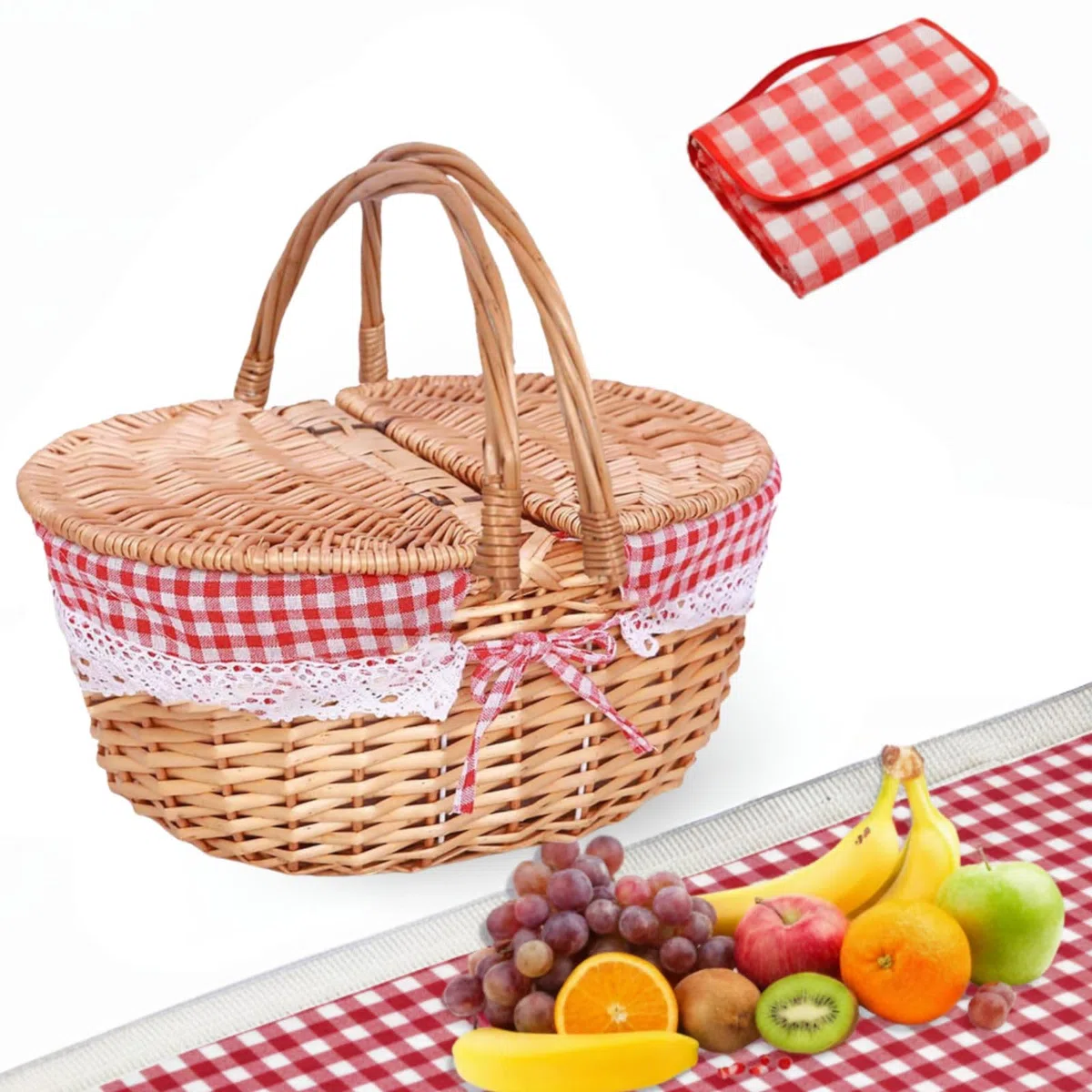 Cestino da picnic con fodera, cestino da picnic in vimini con coperchio, stile vintage, grande cestino intrecciato con doppi manici pieghevoli, per campeggio, San Valentino, ringraziamento (35 x 25 x