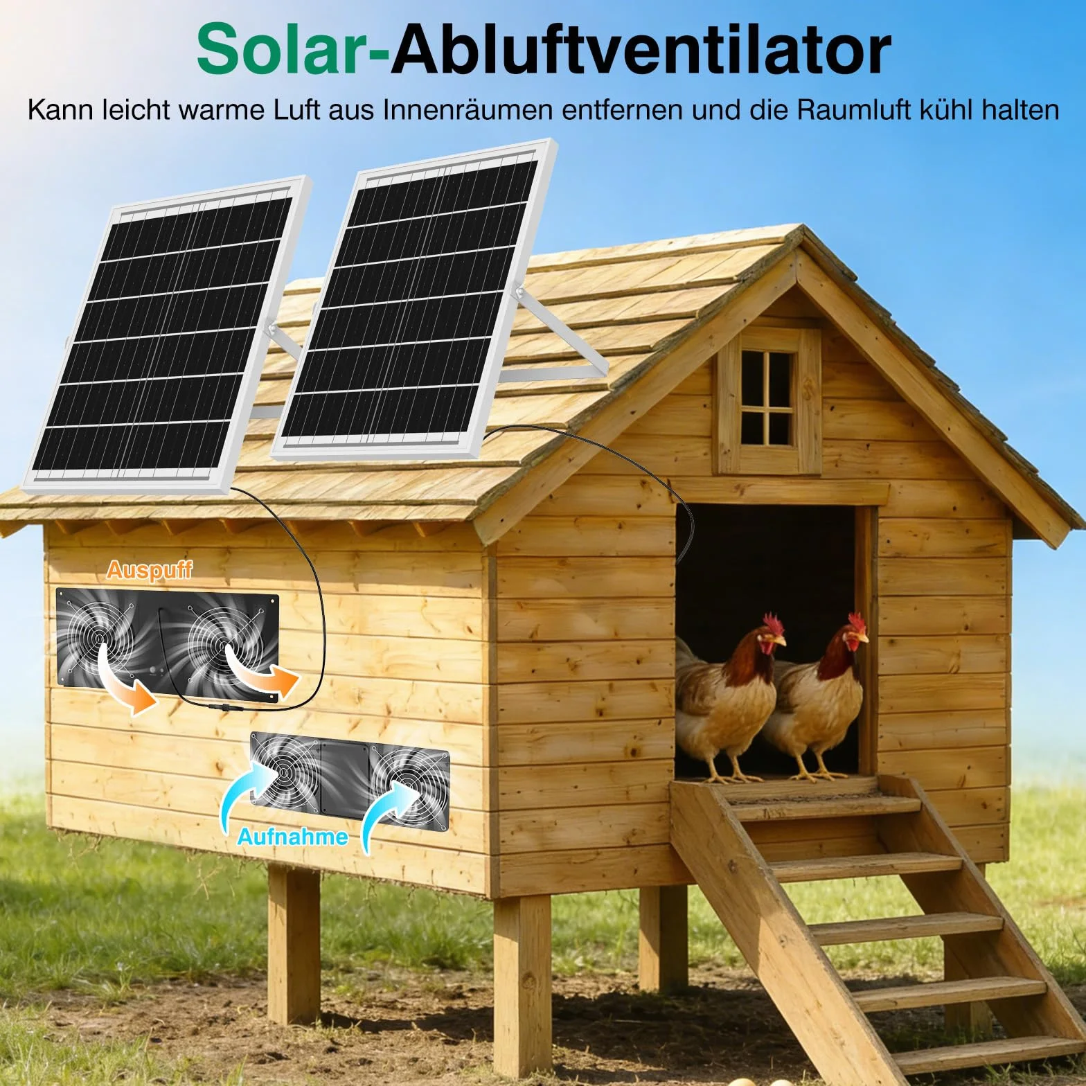 Ventilatore solare con batteria da 18000 mAh e timer, 40 W, 3500 giri/min, ventola di scarico solare ad alta velocità, silenziosa e impermeabile, per pollaio, serra, capanno e casa di animali