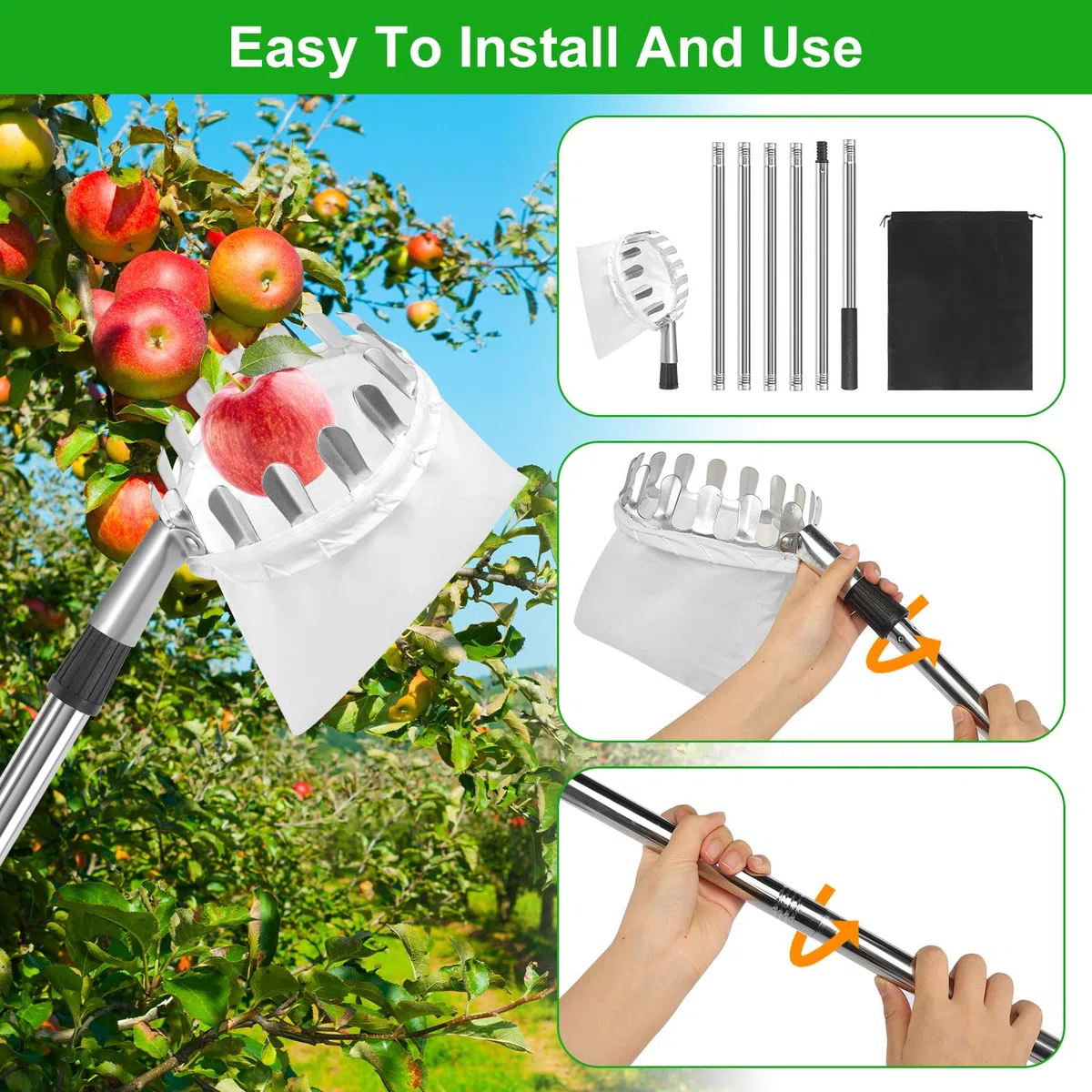 GOSHIES Raccogli frutta, 4 m, con manico telescopico, raccogli mele, con sacchetto di cotone, per ciliegie, facile da montare per alberi da frutto