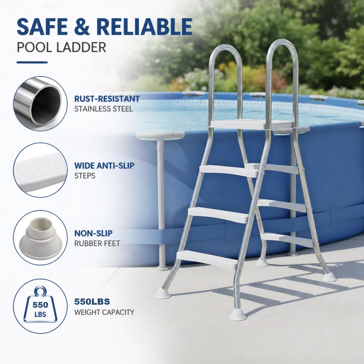 Scala per Piscina in Acciaio Inossidabile a 4+4 Gradini, Struttura a Forma di A per Piscine Fuori Terra, Gradini Antiscivolo, Scaletta per Piscina Resistente Portata 250 kg,85cm