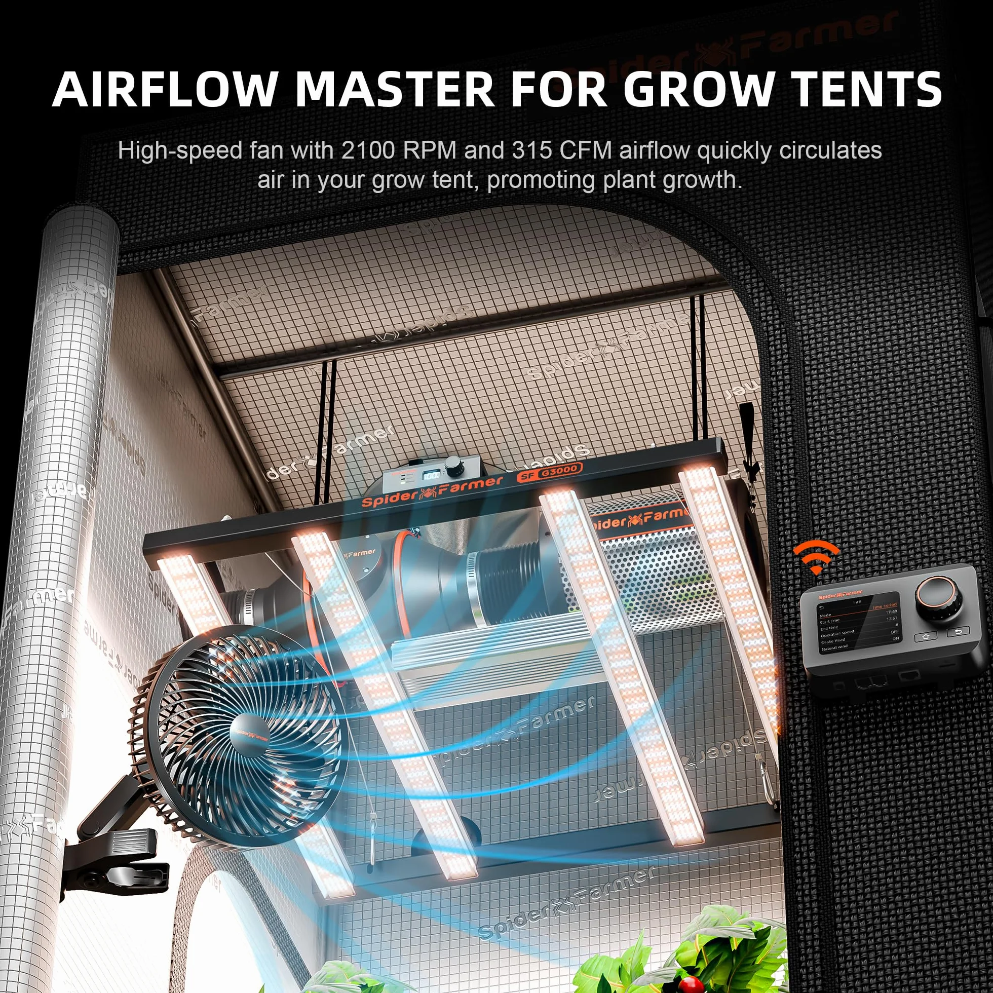 SPIDER FARMER Grow Ventilatore con clip, 10 velocità, motore EC, IP-44, protezione oscillante, ventola a clip per tenda da 10 W, clip fan Grow Tent