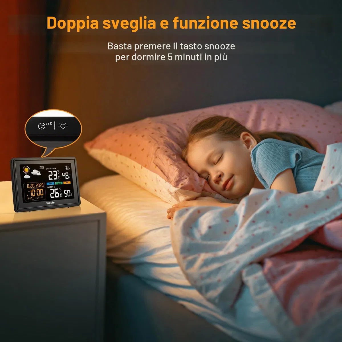 Skeufy Stazione meteo e radio con sensore esterno, temperatura interna ed esterna, umidità, previsioni meteo, barometro, display digitale a colori, orologio radio DCF