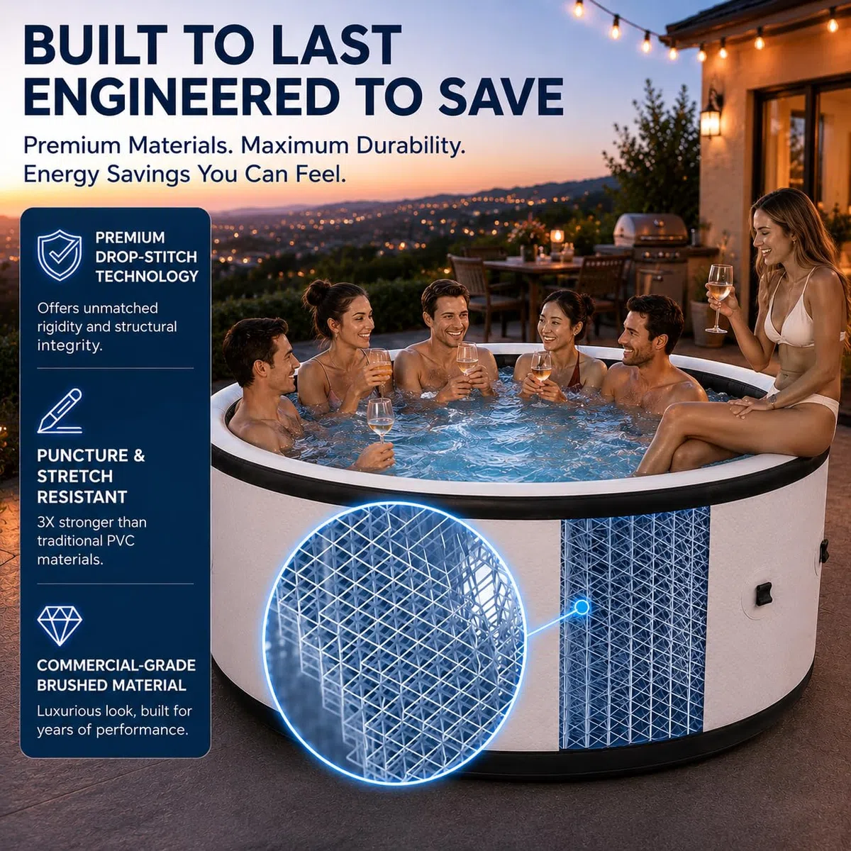 Piscina Idromassaggio Gonfiabile Esterno 4-6 Adulti, 206 cm Grande Spa Portatile con 150 Getti Aria, Riscaldamento Rapido 40°C, LED 6 Colori, Vasca Antiforatura per Giardino Patio