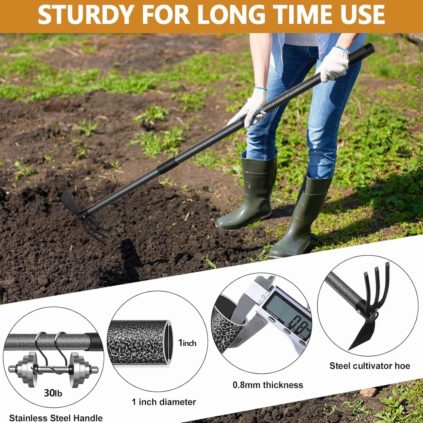 Zappa da giardino 76 cm 2 in 1 Binette Trident Strumento da giardino con manico lungo regolabile, multifunzionale zappa per giardinaggio, piantagione di erbacce allentamento del suolo