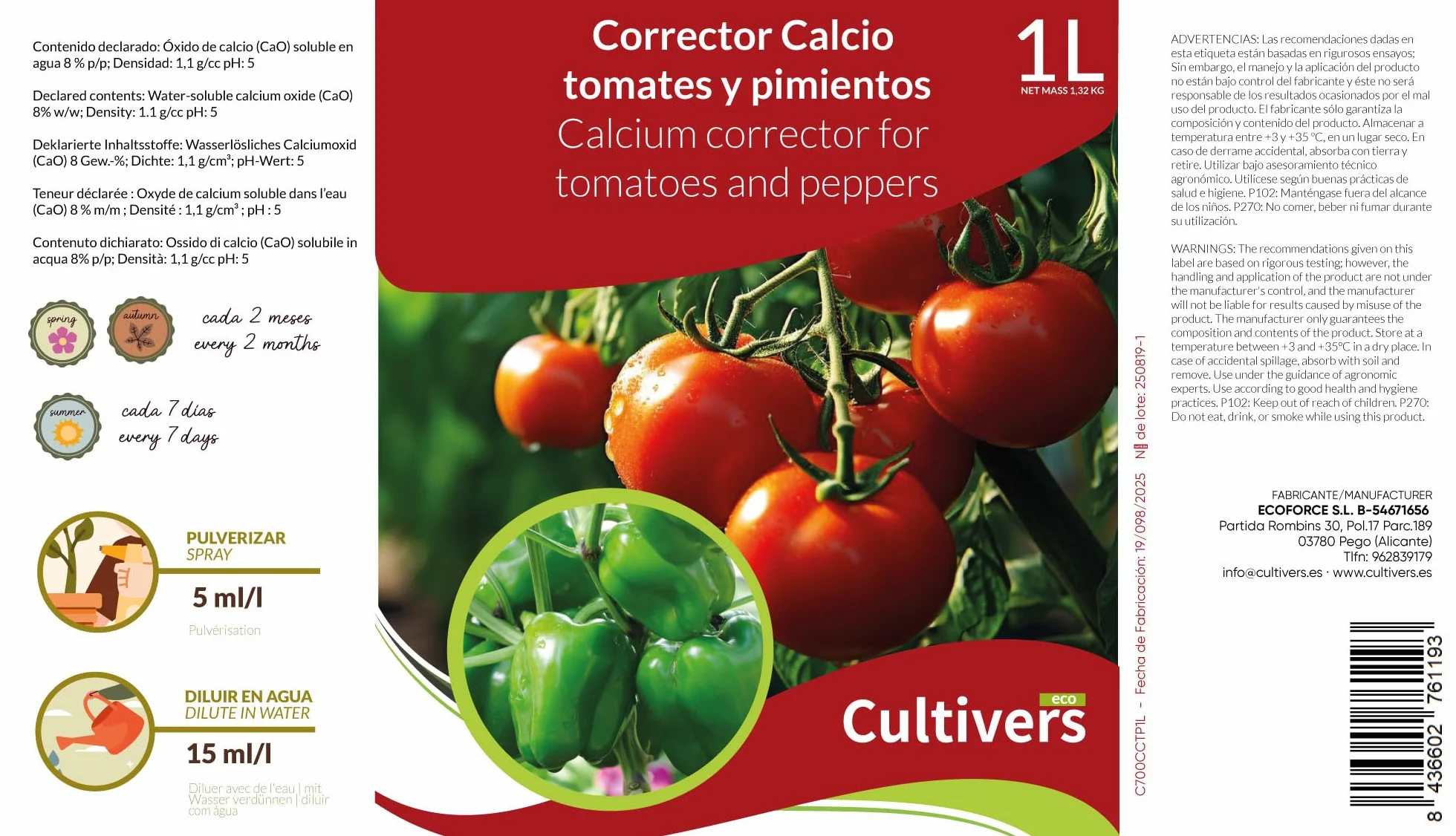 CULTIVERS Calcio Liquido per Pomodoro e Peperone 1 L | Concime liquido con calcio per colture orticole, orticoltura e giardinaggio, uso regolare in orto, giardino e piante