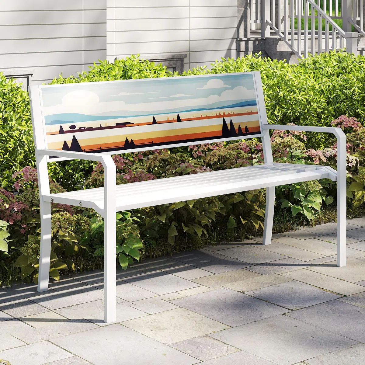 KOMFOTTEU Panca da Esterno in Metallo, Panchina da Giardino 2-3 Posti, con Schienale Decorativo ed Ergonomico, Braccioli, e Piedini Antiscivolo, Panca da Terrazza, Parco, Cortile, Patio, Bianco