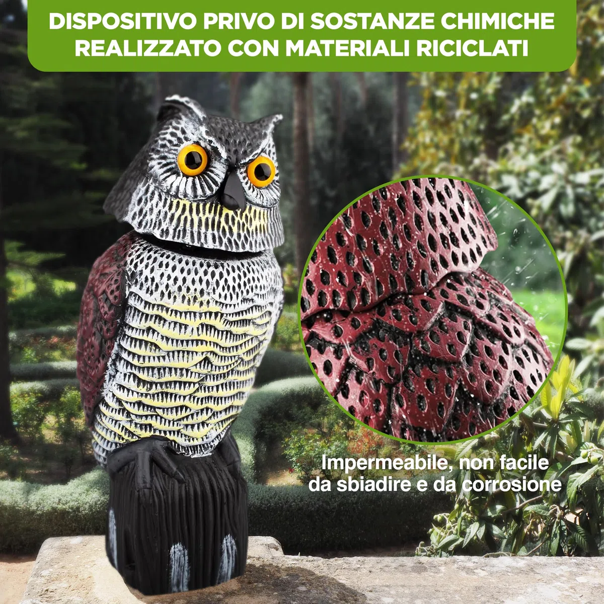 ISOTRONIC richiamo Gufo Controllo Uccelli spaventapasseri Realistico Testa oscillante Repellente piccioni Giardino Balcone frutteto 1 Pezzi Efficace Esterno Protezione Difesa Stop volatili visivo