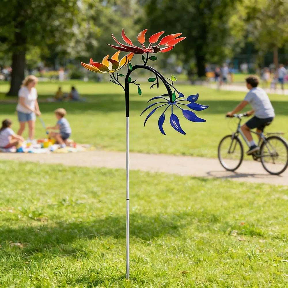 Mulino a Vento Cinetico, NAVESO Girandola a Vento con Fiore Rotante, Girandole da Giardino in Metallo Decorazione per Balconi, Frutteti, Cortili, Tetti