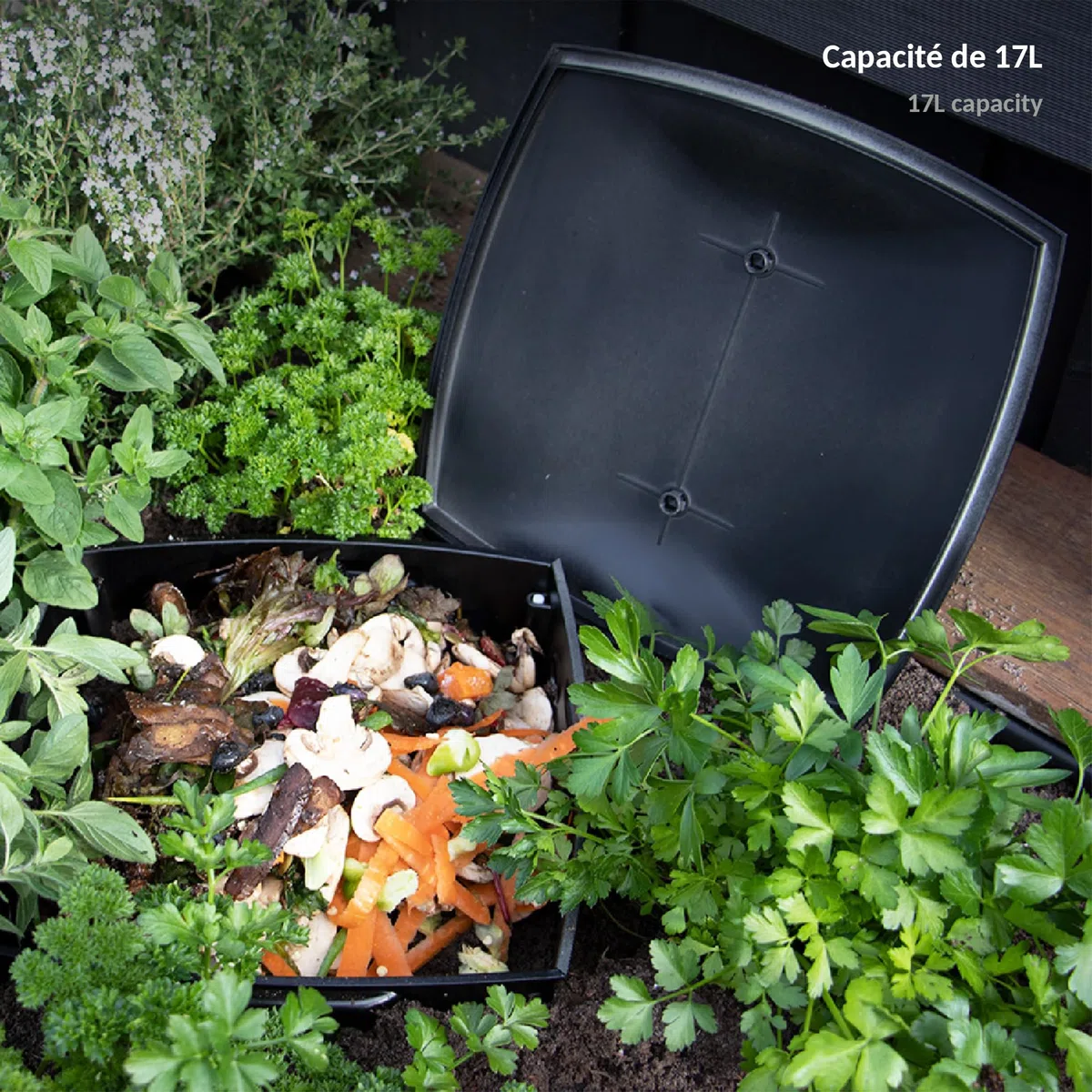 Compostiera da Giardino 17 L - Contenitore per Composto per rifiuti organici - Secchio da esterno con Coperchio - Fabbricazione concime 100% naturale - 35 x 28 x 28 cm - Plastica - Grigio