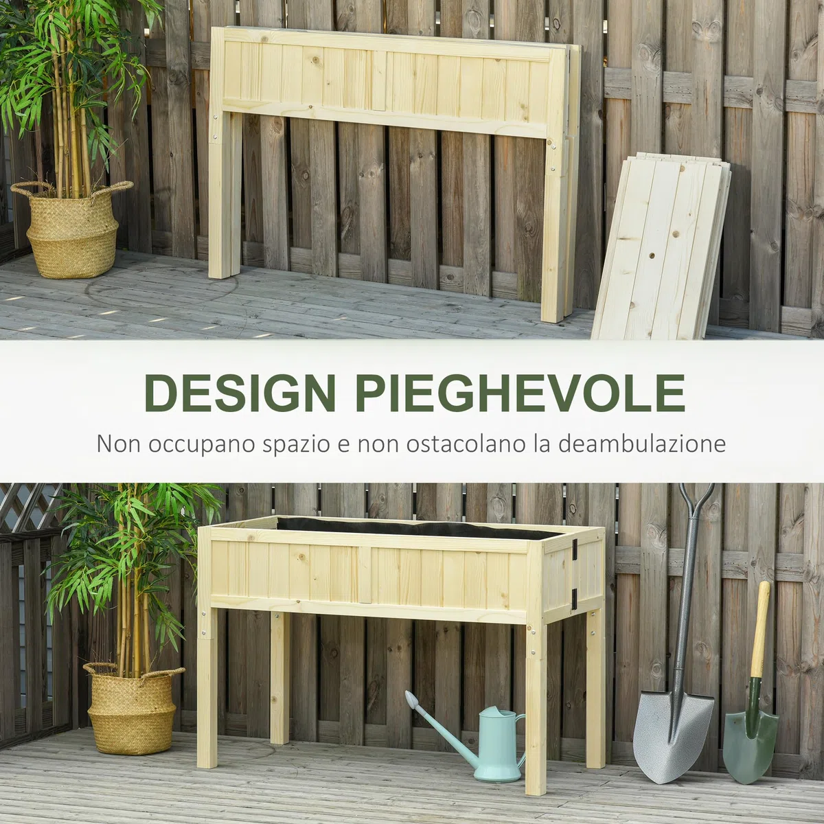 Outsunny Letto per Orto Rialzato Pieghevole, Fioriera da Esterno Rialzata in Abete con 4 Fori di Drenaggio, per Giardino Terrazza Balcone, 115x56x76 cm, Color Legno