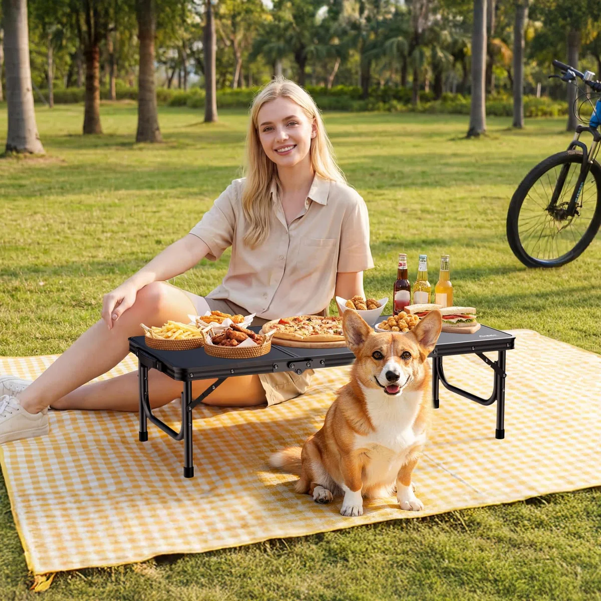 Anbte Tavolo Basso da Campeggio Picnic Spiaggia 87 * 40 * 26.2 Pieghevole Portatile Tavolino da Comodino Multifunzione per Lavoro/Caffè/Truccarsi/Mercatini-Nero